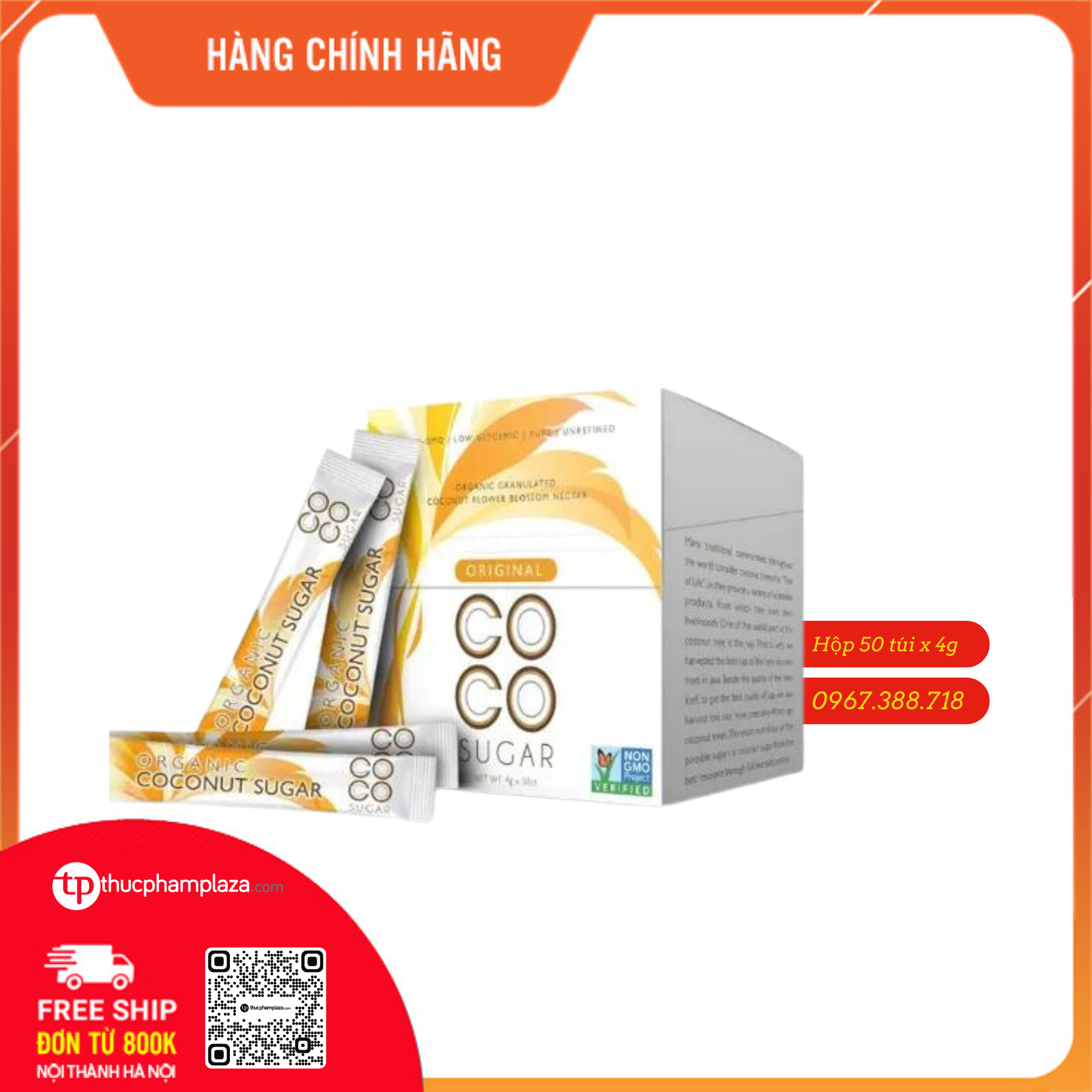 Đường mật hoa dừa hữu cơ COCO Sugar - hộp bao gồm 50 gói x 4g 1 COCO Sugar Organic hop