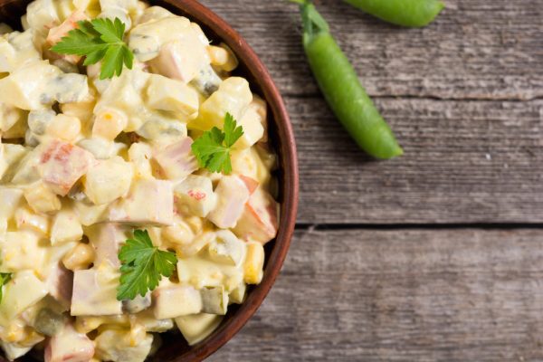 traditional mayonnaise russian salad olivier food background christmas menu medium