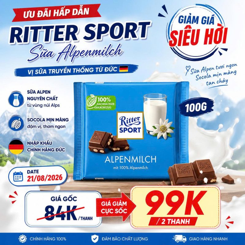 ƯU ĐÃI siêu hời – COMBO 2 THANH RITTER SPORT ALPENMILCH 100G CHỈ 99K 2 ritter sport KM can date