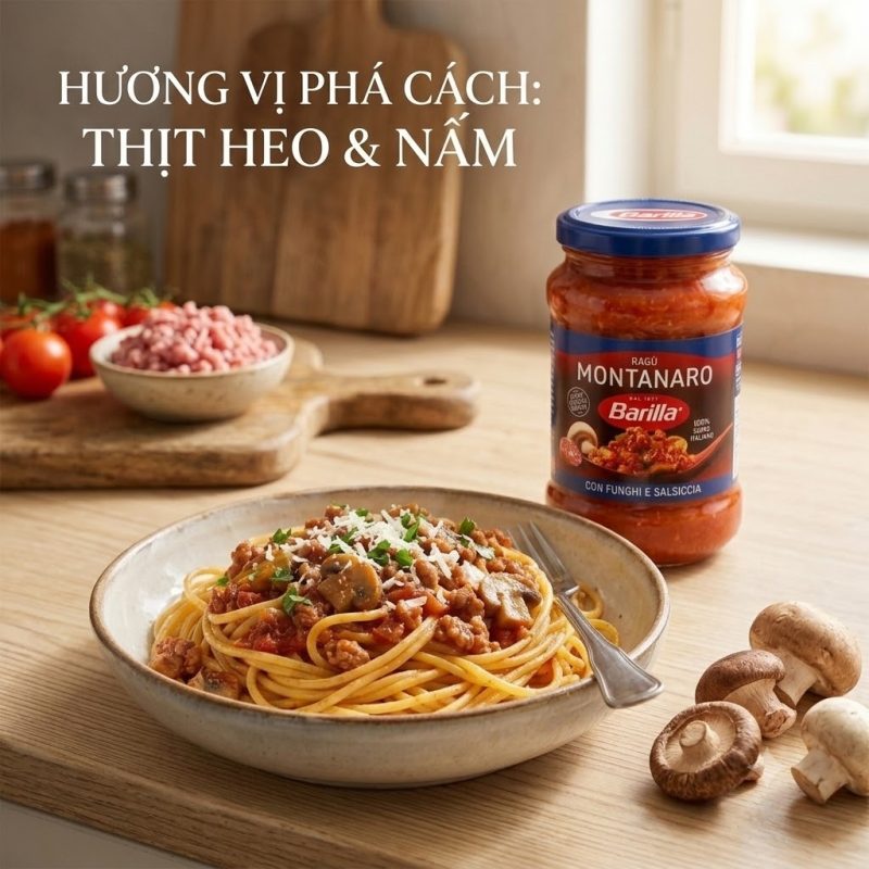 Thịt heo và nấm trong Barilla Ragu Montanaro thật kỳ diệu 2 sot barilla ragu bai 4