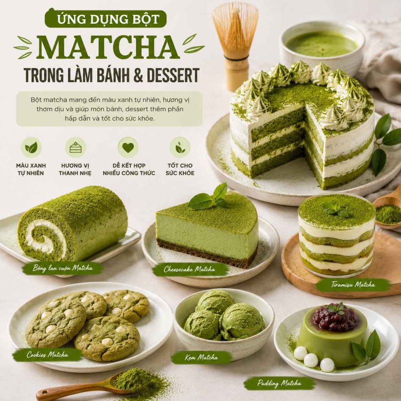 ung dung bot matcha trong lam banh va desert