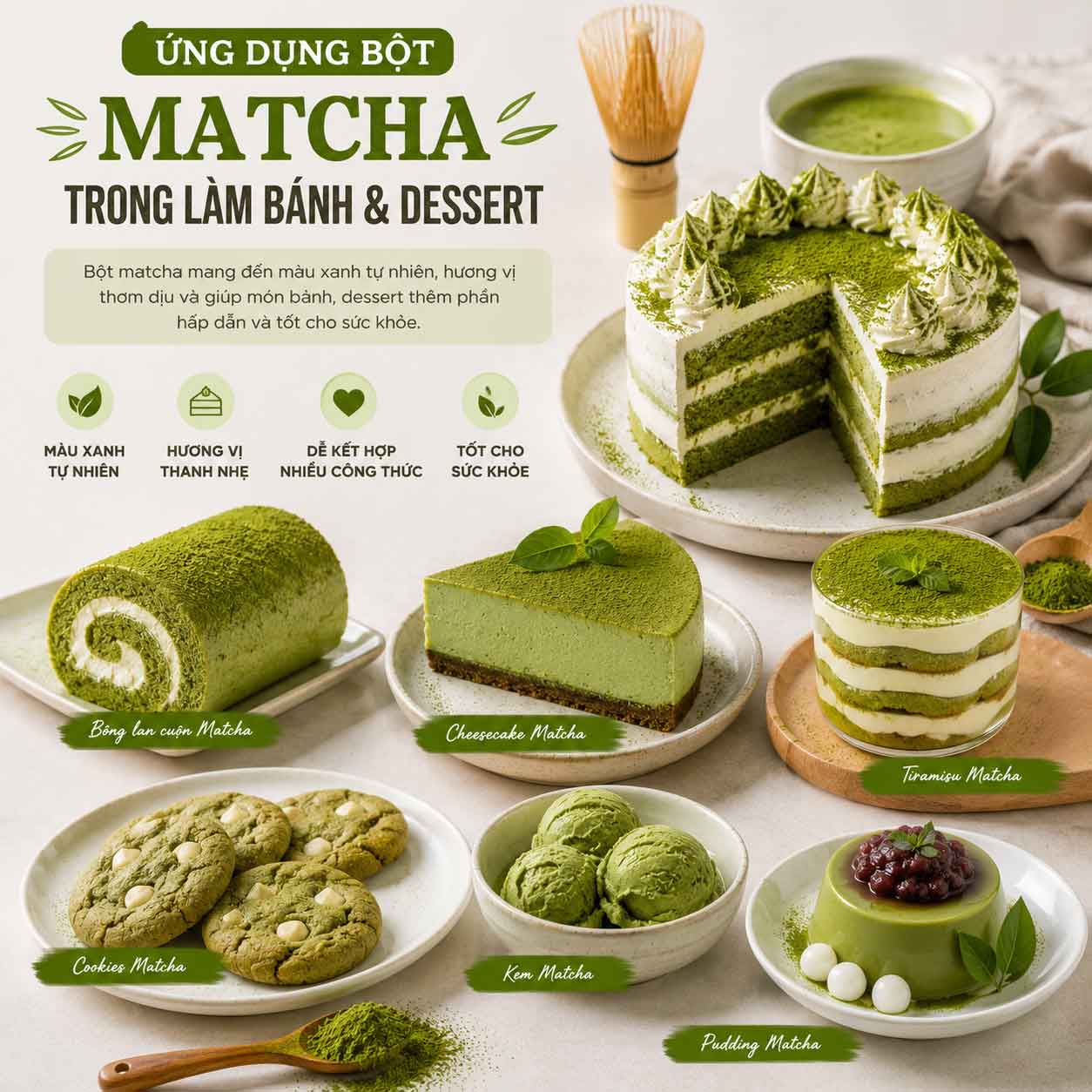 ung dung bot matcha trong lam banh va desert